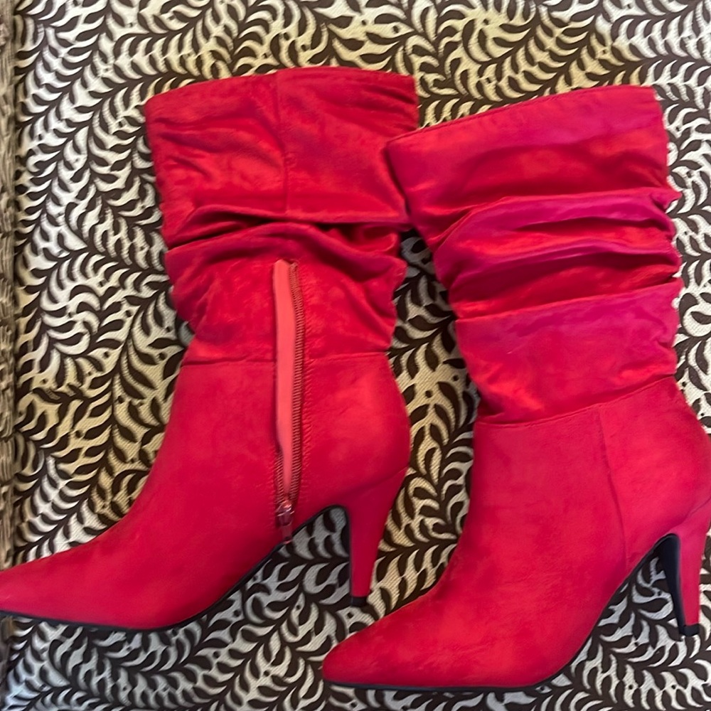 Red calf high boots with heel